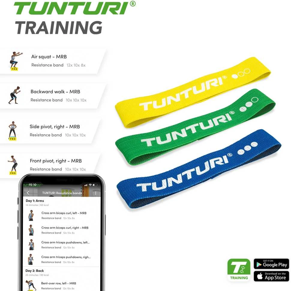 Mini treniruočių juostos TUNTURI CENTURI TEXTILE RESISTANCE BAND RINKINYS, 3 vnt.