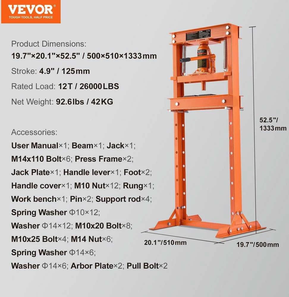 VEVOR Hidraulinis 12 tonų H-rėmo grindų presas