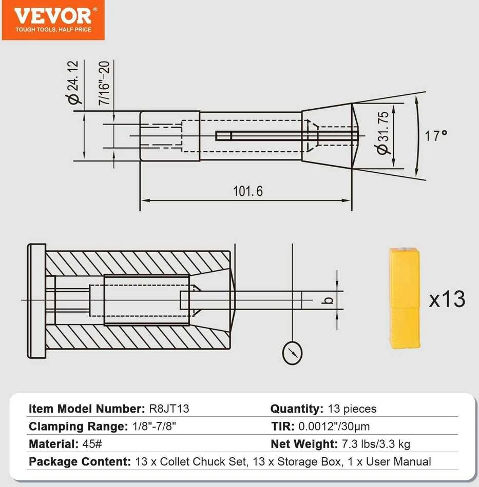 VEVOR 13 dalių R8 frezos rinkinys 3-22 mm