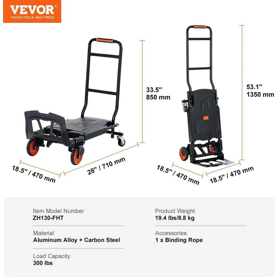 VEVOR Aliumininis vežimėlis, 2 viename, 136 kg apkrova