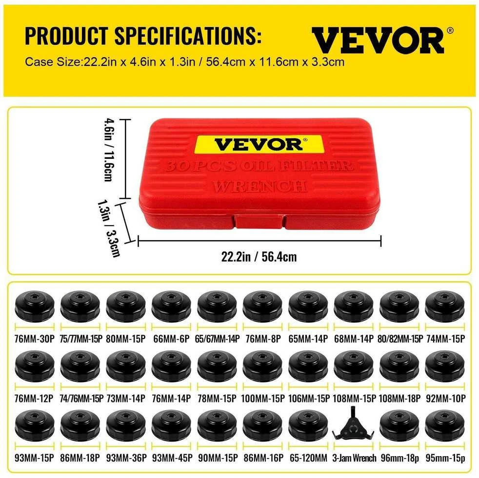 VEVOR Alyvos filtro raktų rinkinys, 30 vnt., plieno, 3/8", žemo profilio, dangteliai, veržliarakčiai
