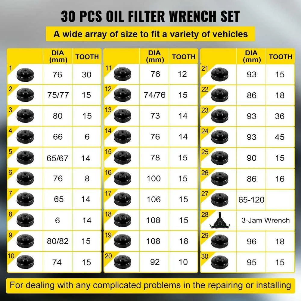 VEVOR Alyvos filtro raktų rinkinys, 30 vnt., plieno, 3/8", žemo profilio, dangteliai, veržliarakčiai