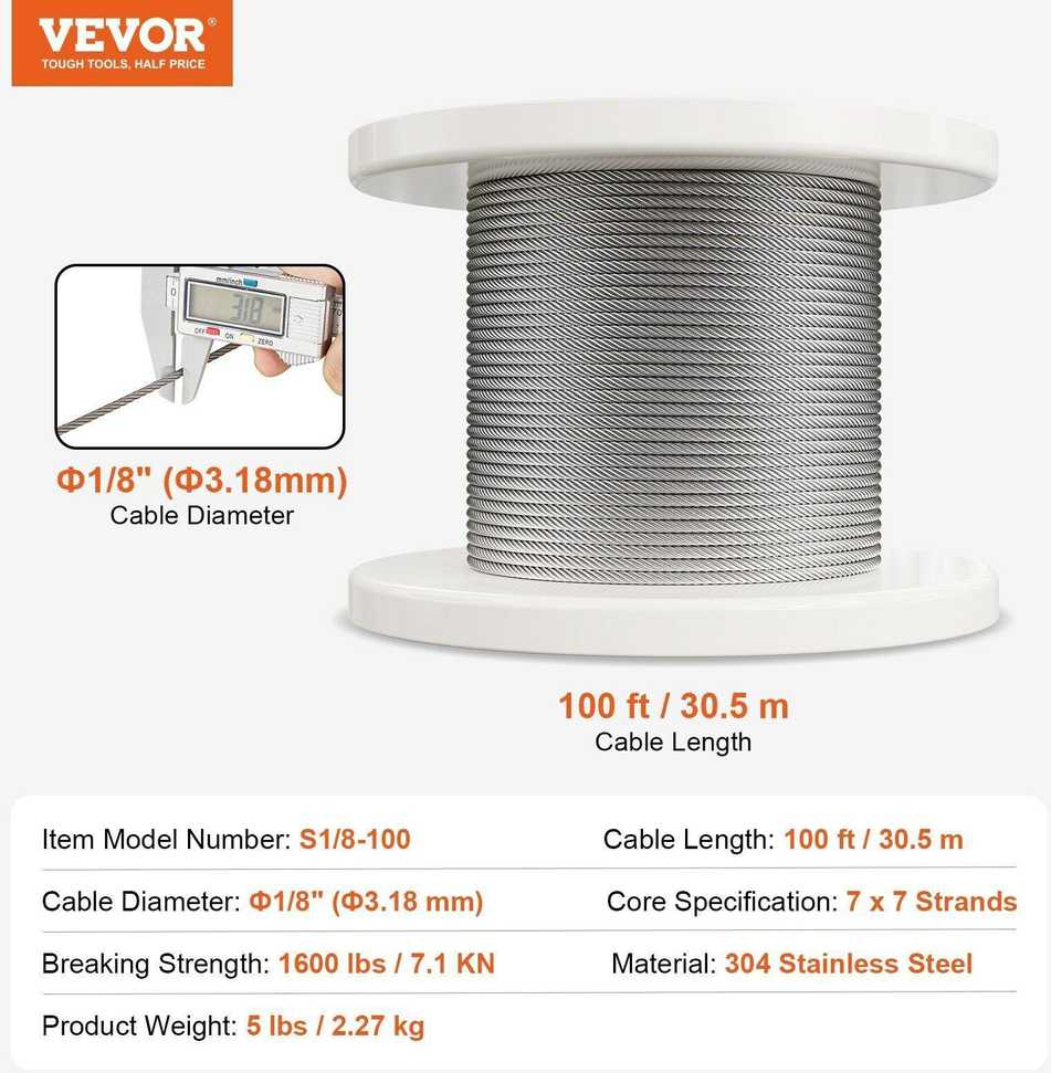VEVOR 3,18 mm nerūdijančio plieno trosas 30,5 m (7x7)