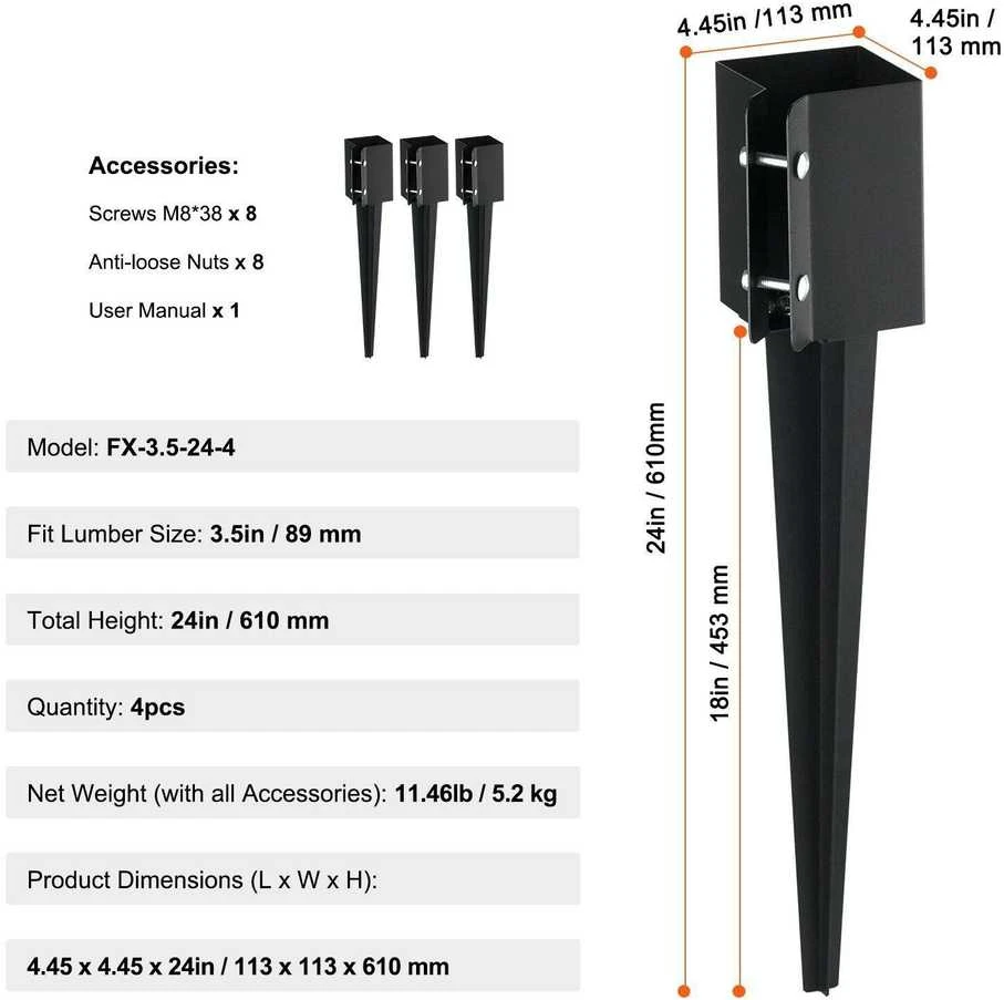4 vnt. žemės smaigai – 113 x 113 x 610 mm, metaliniai, juodi, stulpų montavimui