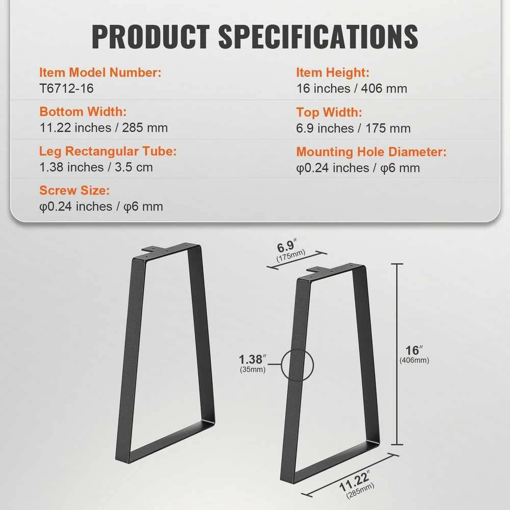 VEVOR Trapezoidinės plieninės stalo kojos 406 mm, 2 vnt.