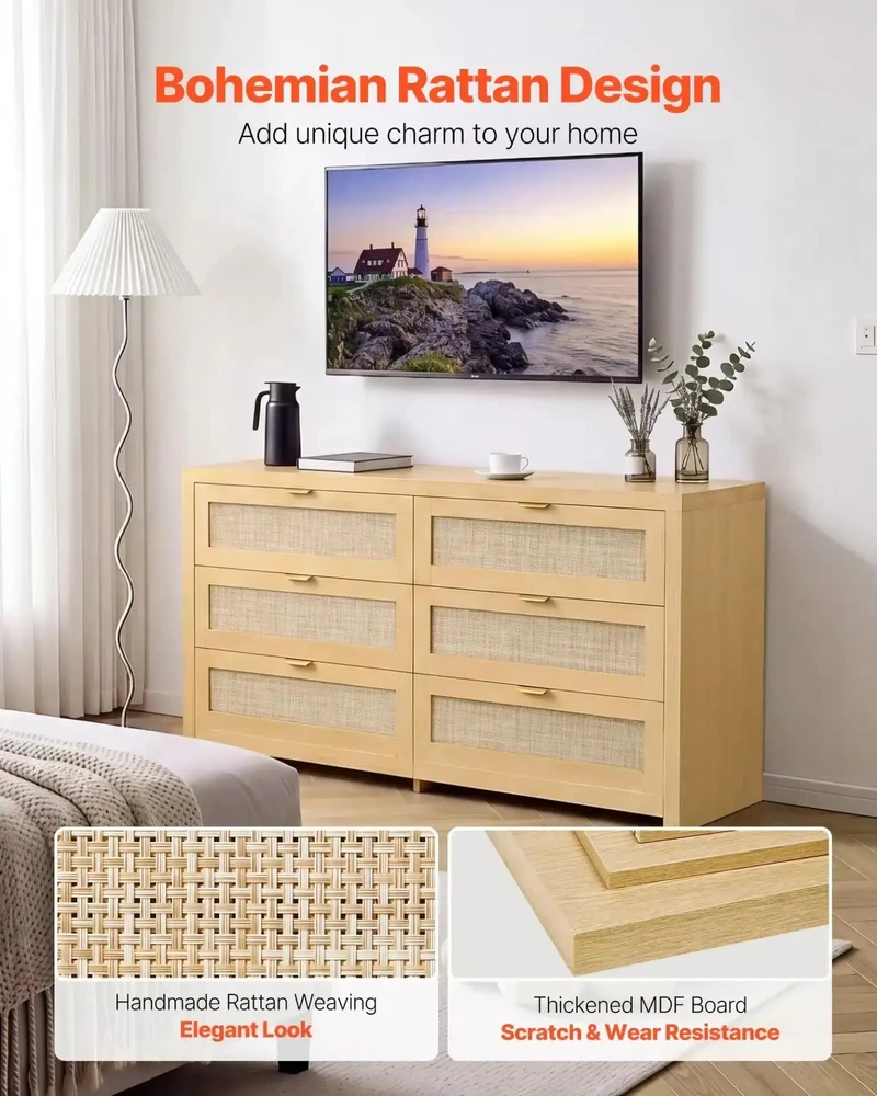 VEVOR 6 stalčių pintas komoda su metalinėmis rankenėlėmis