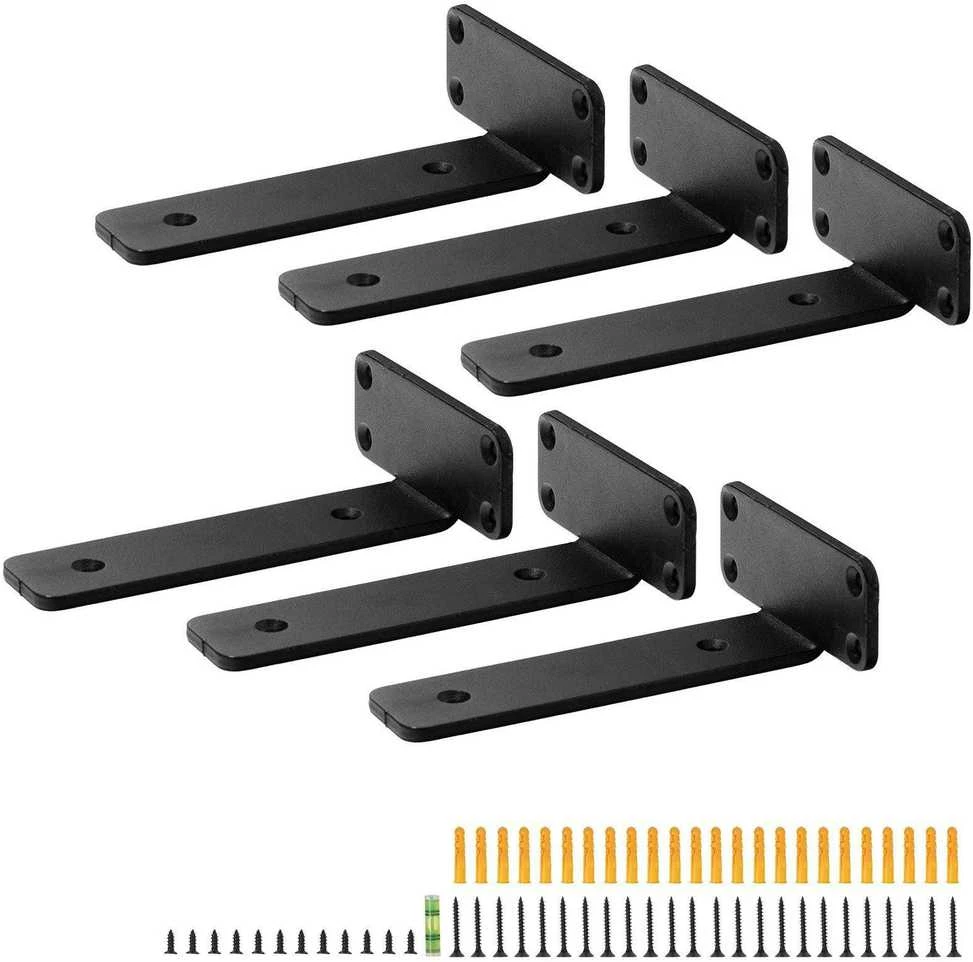 6 vnt. plaukiojančių lentynų laikikliai, 6" L x 4" W x 1,6" H, matinis juodas, 5 mm storio, 72,57 kg apkrova