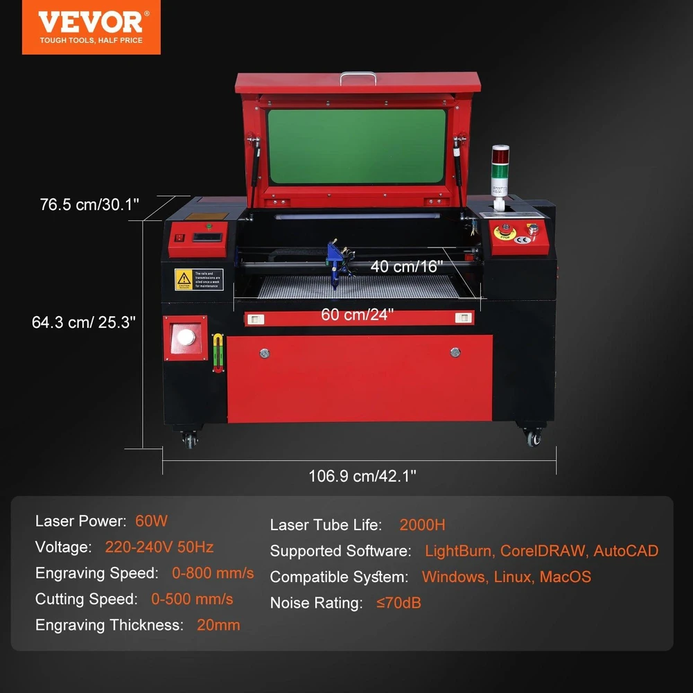 VEVOR 60W CO2 lazerinis graviravimo įrenginys 400x600 mm darbinis stalas