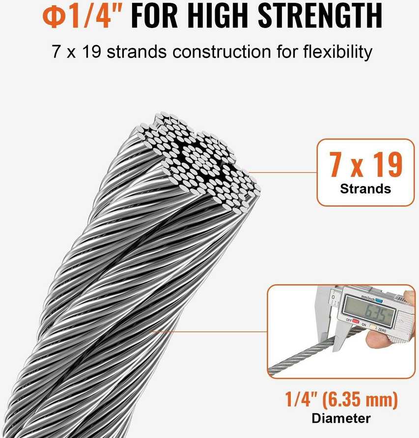 VEVOR 6,35 mm nerūdijančio plieno lynas 76,2 m (7x19)