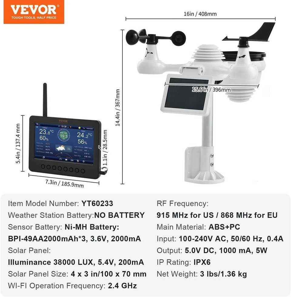 VEVOR Meteorologinė bevielė orų stotelė YT60233 7in1 WiFi