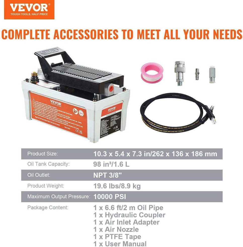VEVOR Pneumatinė hidraulinė pompa, 10,000 PSI, 1/2 gal talpa