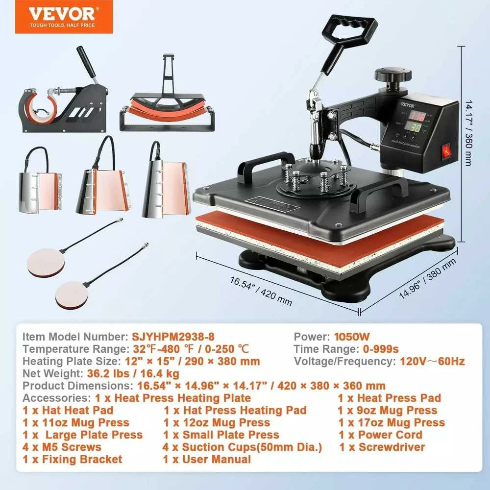 VEVOR 8 in 1 šilumos spaudimo presas 38x30cm