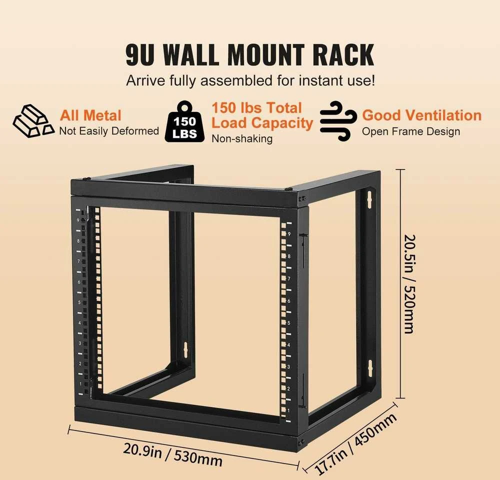 9 U atviro rėmo sieninis serverių stovas 19″ – 150 kg, 530 × 450 × 520 mm