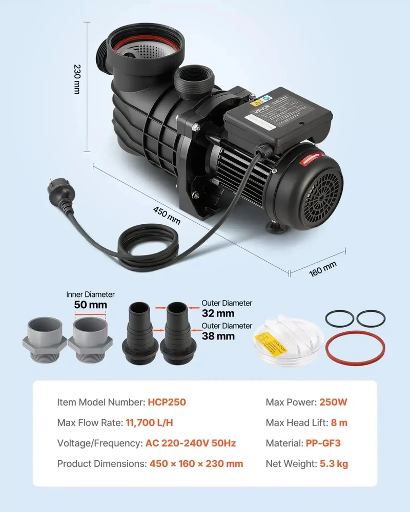 VEVOR Antžeminis baseino siurblys, 250W, 11,700 L/h