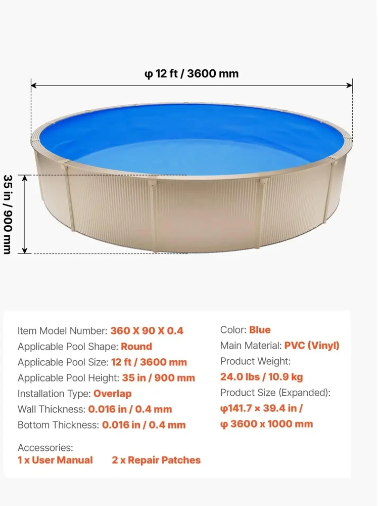 VEVOR 365,7 cm apvalus baseino įklotas 90 cm aukščiui