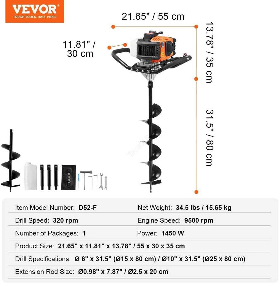VEVOR 52CC benzininis žemės grąžtas su priedais