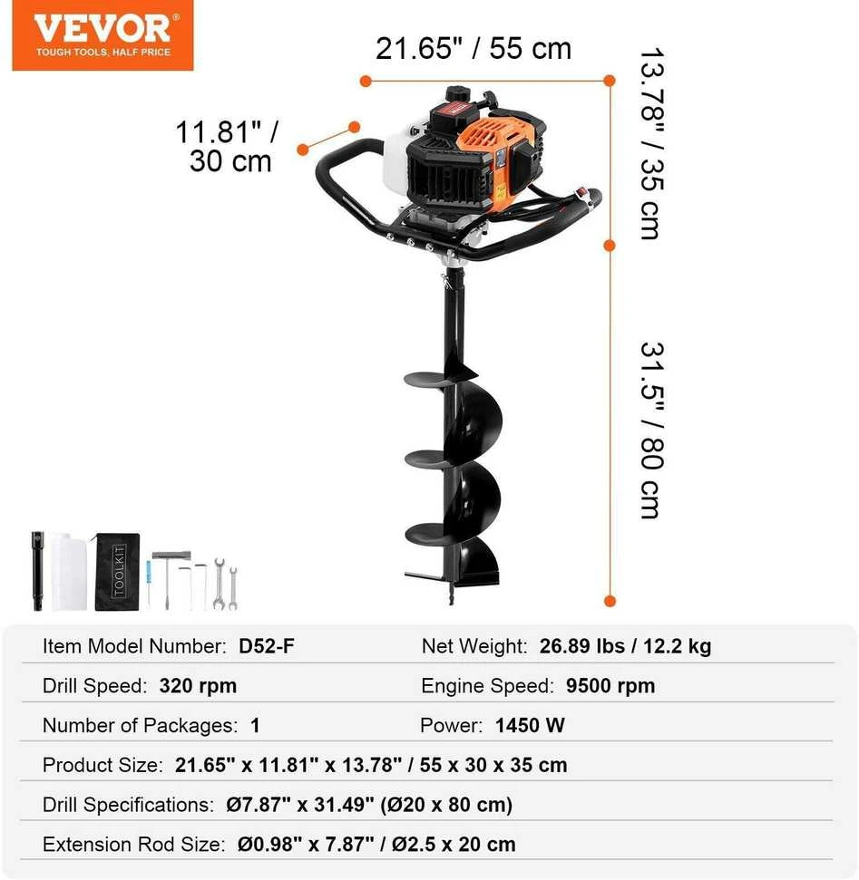 Grąžtas Vevor Benzininis gręžtuvas 52CC su 8" grąžtais