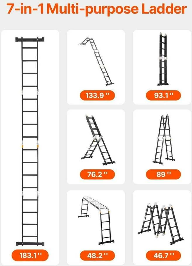 Daugiafunkcinės sulankstomos kopėčios "7-in-1", 4 žingsniai, 4,7 m su pastolių lenta