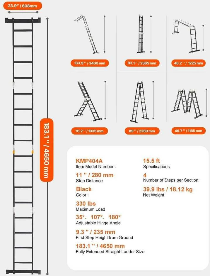 Daugiafunkcinės sulankstomos kopėčios "7-in-1", 4 žingsniai, 4,7 m su pastolių lenta
