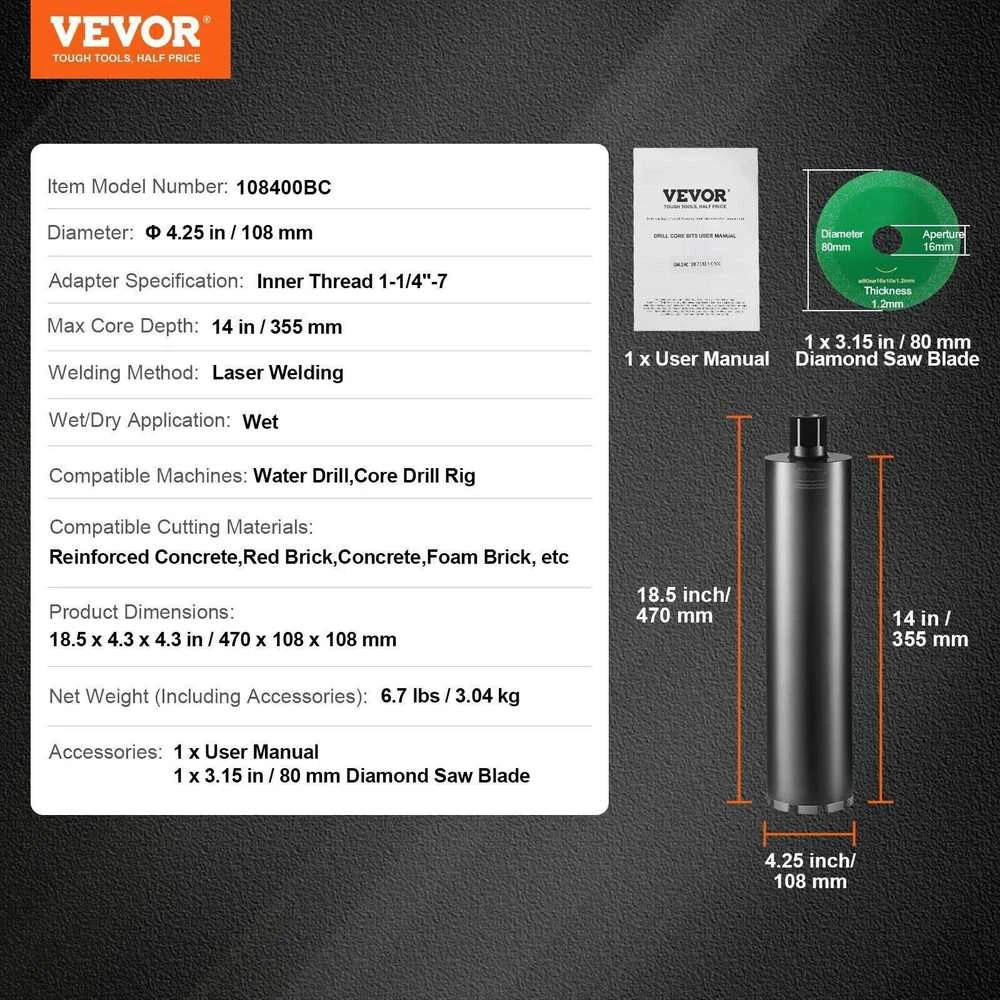 VEVOR 4,25 cm deimantinis grąžtas betonui
