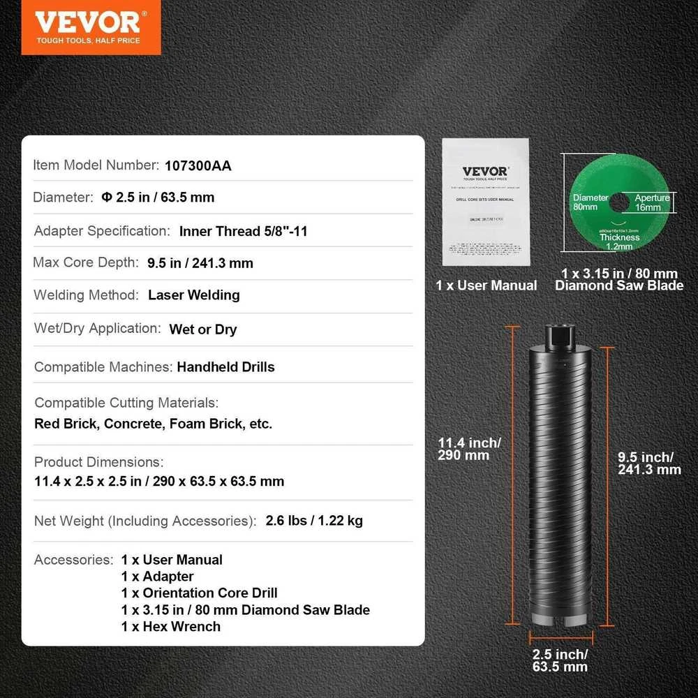 VEVOR Deimantinė šerdies grąžto galvutė 63,5 mm, 241 mm gylis