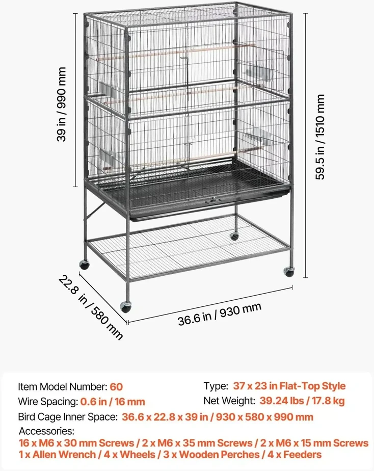 Vevor Paukščių narvas 930 x 580 x 1510 mm su lygiu stogu