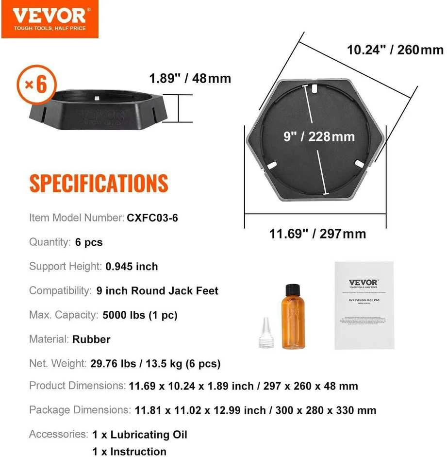 VEVOR RV lyginimo trinkelės su 23 cm guminėmis kojelėmis, 6 vnt.