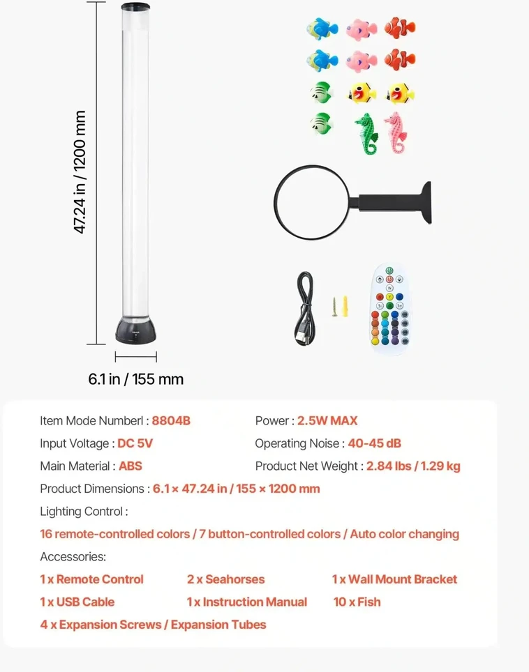 VEVOR 120 cm sensorinė burbulinė lempa