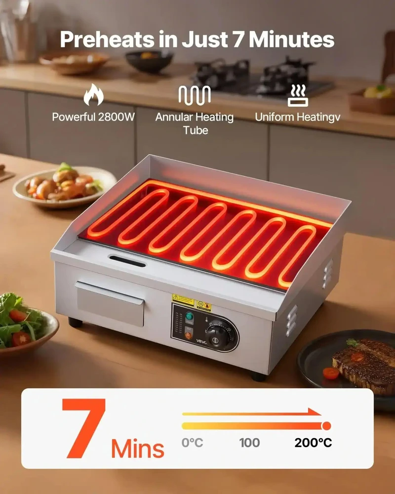 VEVOR Elektrinė kepimo plokštė, 2800 W, lygi paviršiaus keptuvė, komercinė