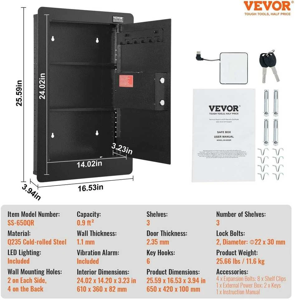 VEVOR 65 cm aukščio sieninis seifas su kodu