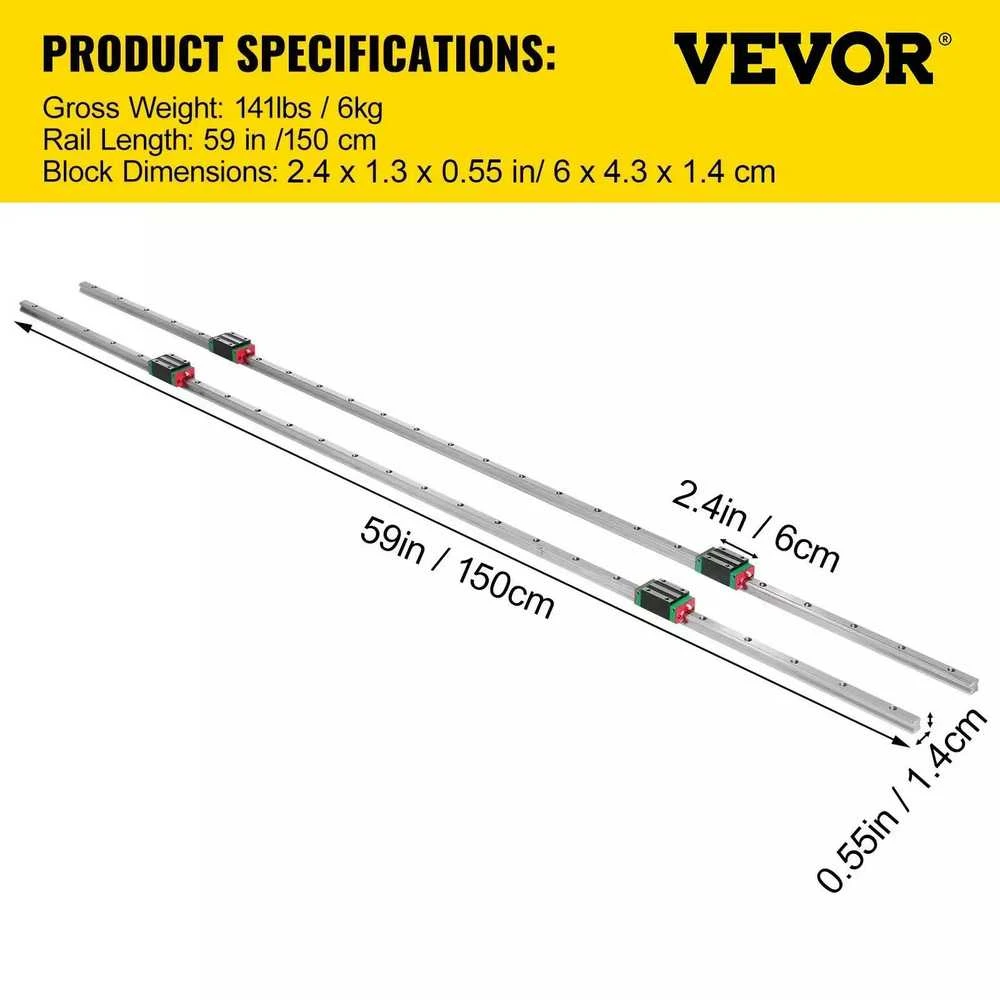VEVOR 2X 15-1500mm linijinis bėgis su 4 pjovimo blokais CNC