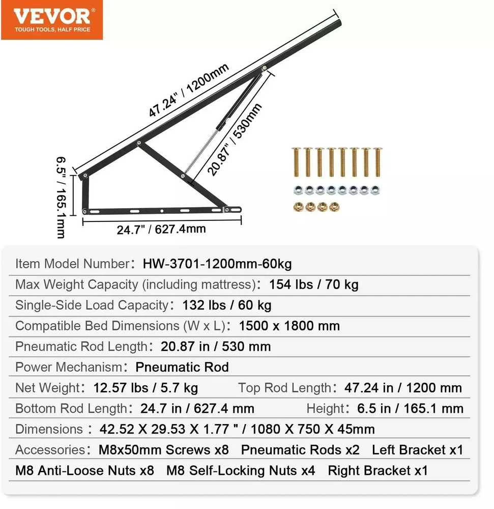 VEVOR Pakeliama lova su 59x71 cm rėmu
