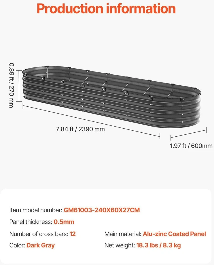 VEVOR Metalinė daržovių lysvė 239x60x27cm tamsiai pilka