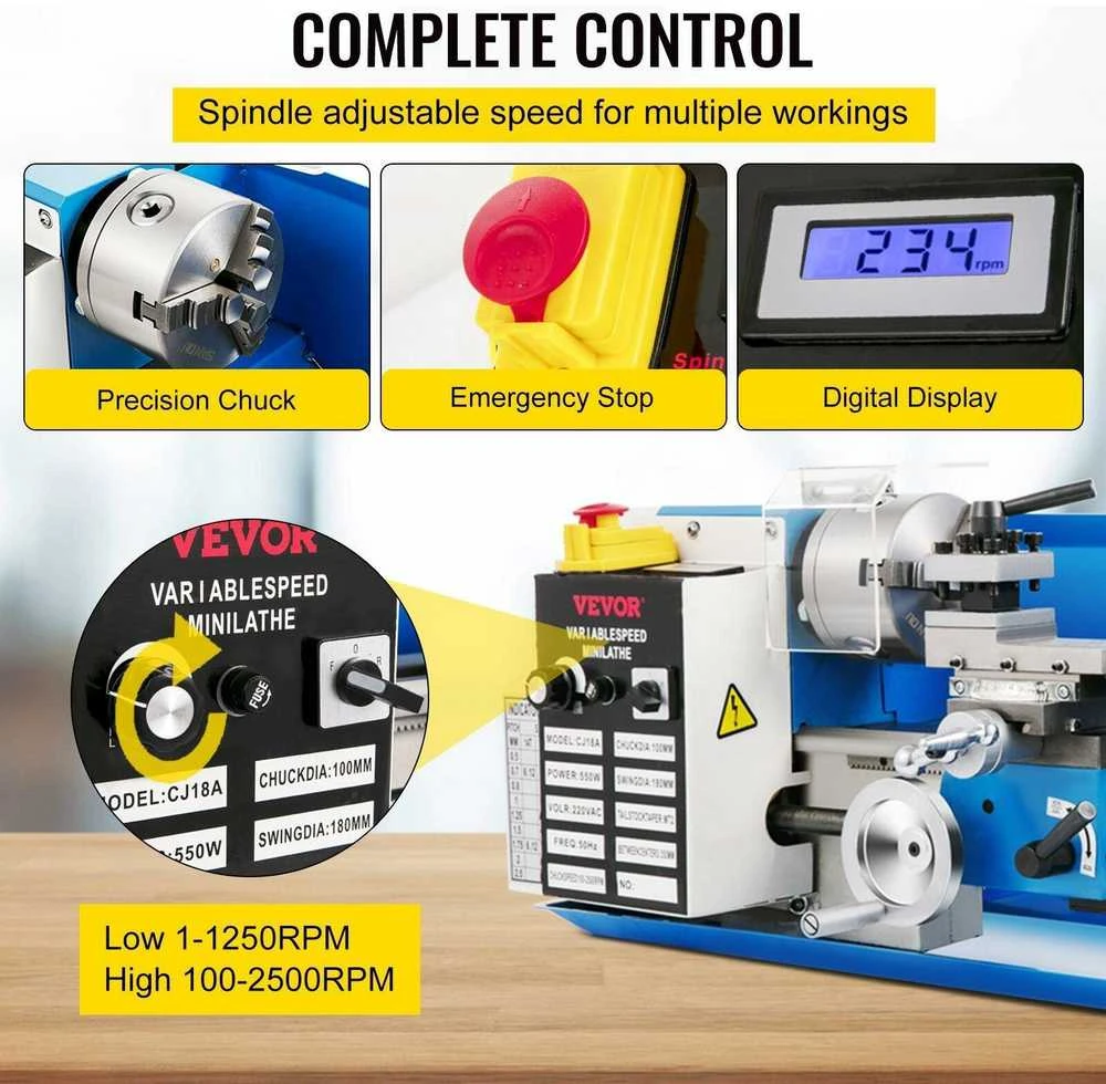 VEVOR Mini metalo tekinimo staklės, 550W kintamas greitis