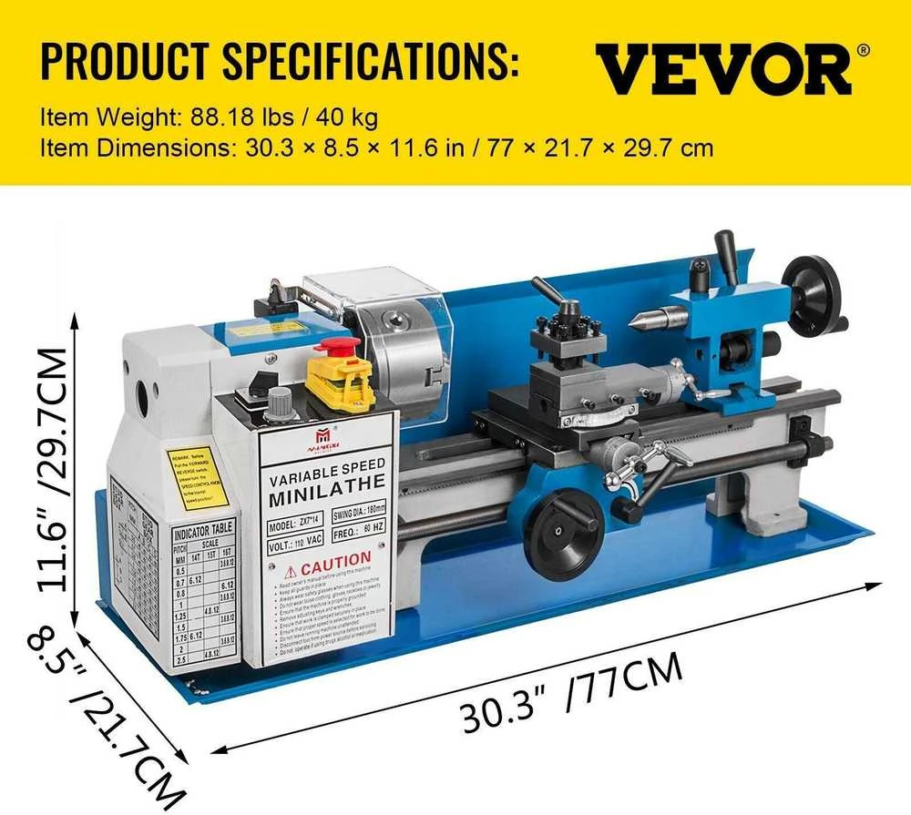 VEVOR Mini metalo tekinimo staklės 550 W, 50-2500 RPM