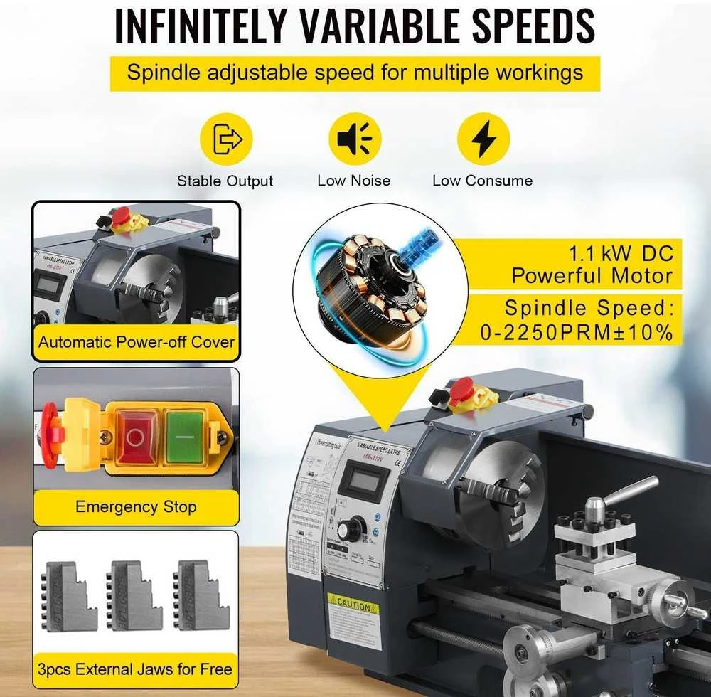 VEVOR 750W mini metalo tekinimo staklės su priedų dėže