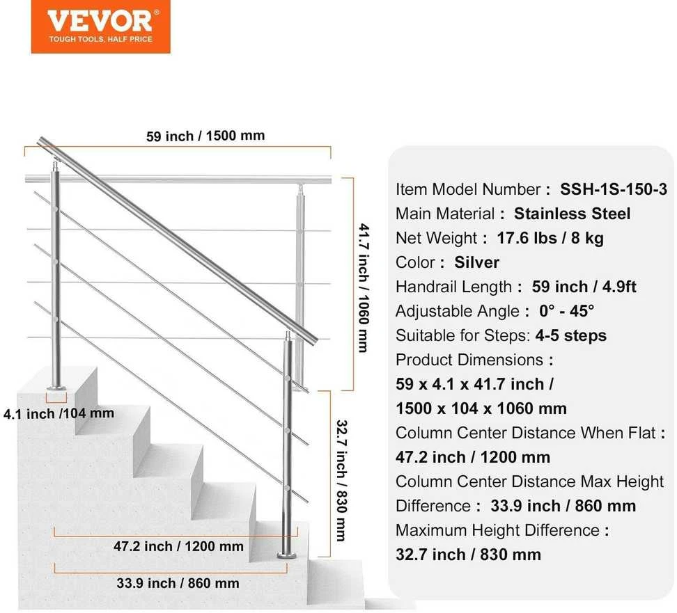 VEVOR 59 cm lauko turėklai su 3 skersiniais