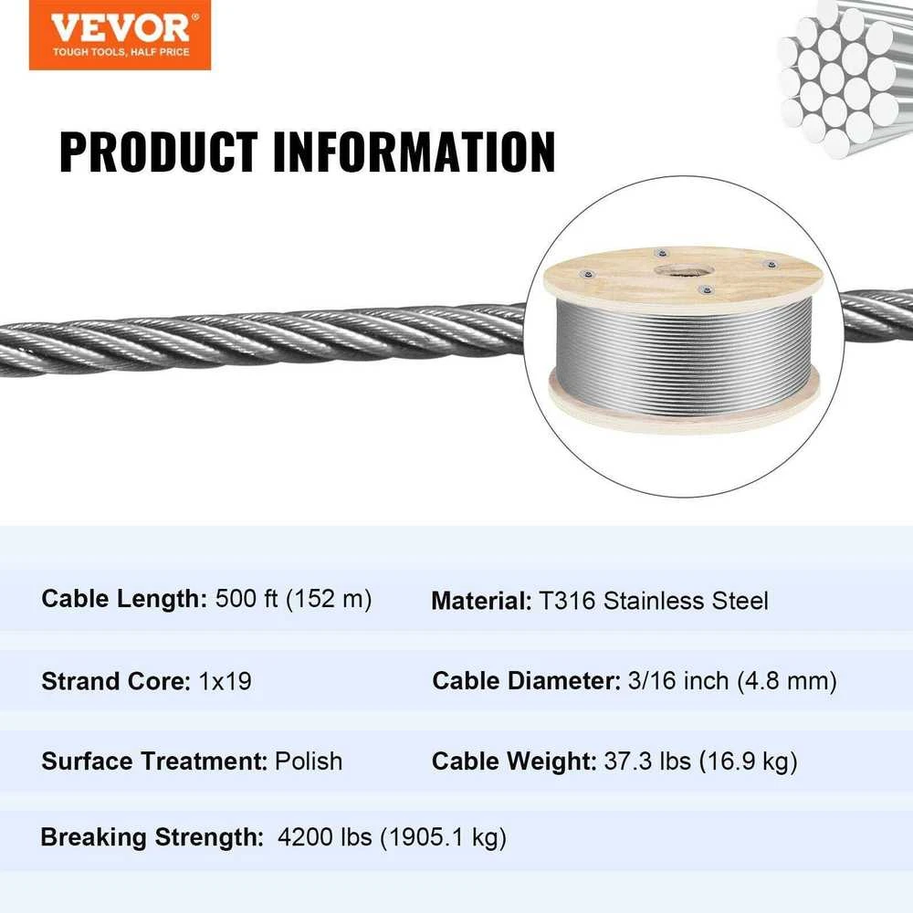 VEVOR 316 nerūdijančiojo plieno trosas 152 m, 4,8 mm