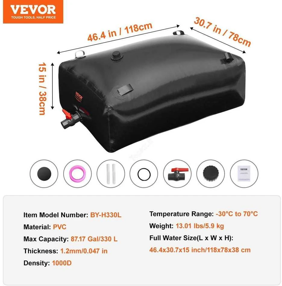 Vevor Nešiojama vandens talpykla 330 l, sulankstoma PVC vandens bakas, juoda vandens cisterna, lietaus vandens surinkimo sistema