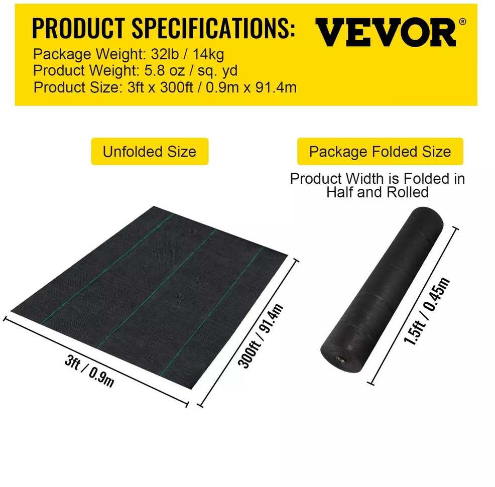 VEVOR Piktžolių barjeras, geotekstilė sodui 0,9x91,4 m