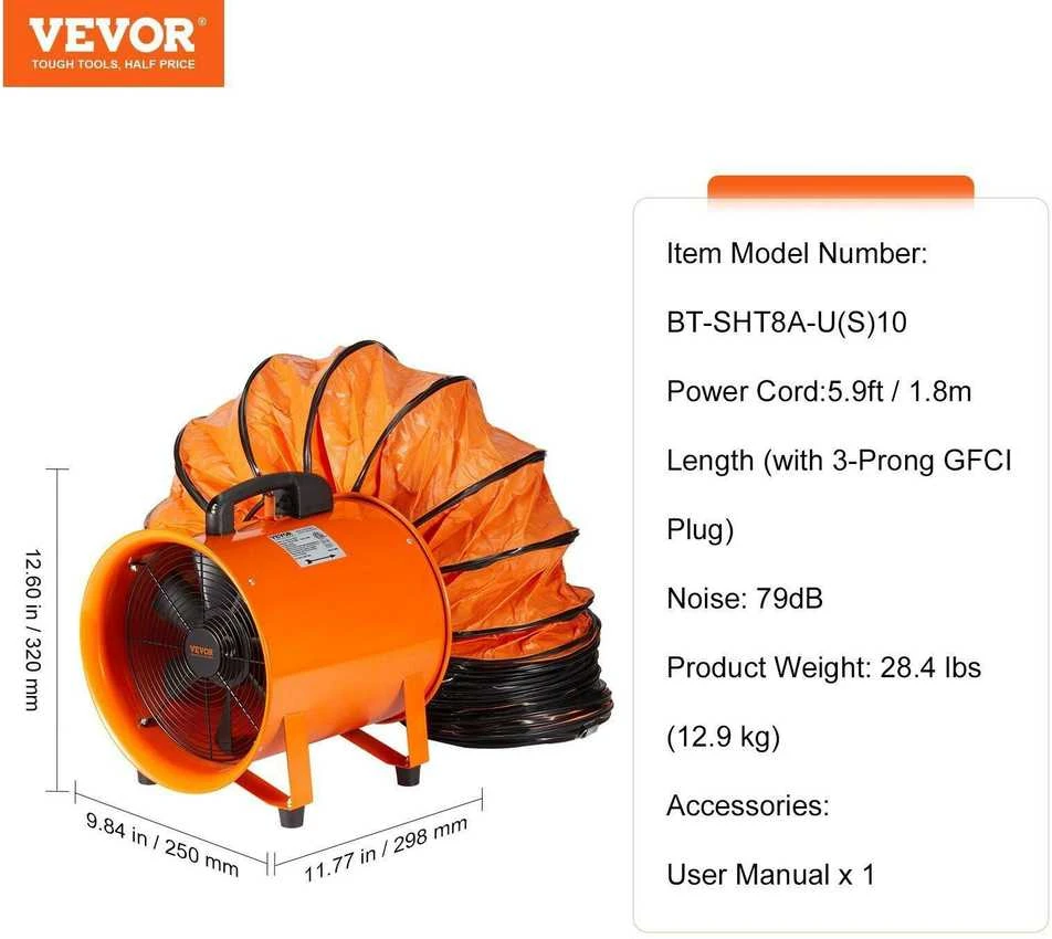 VEVOR 203mm nešiojamas ventiliatorius su 10m žarna