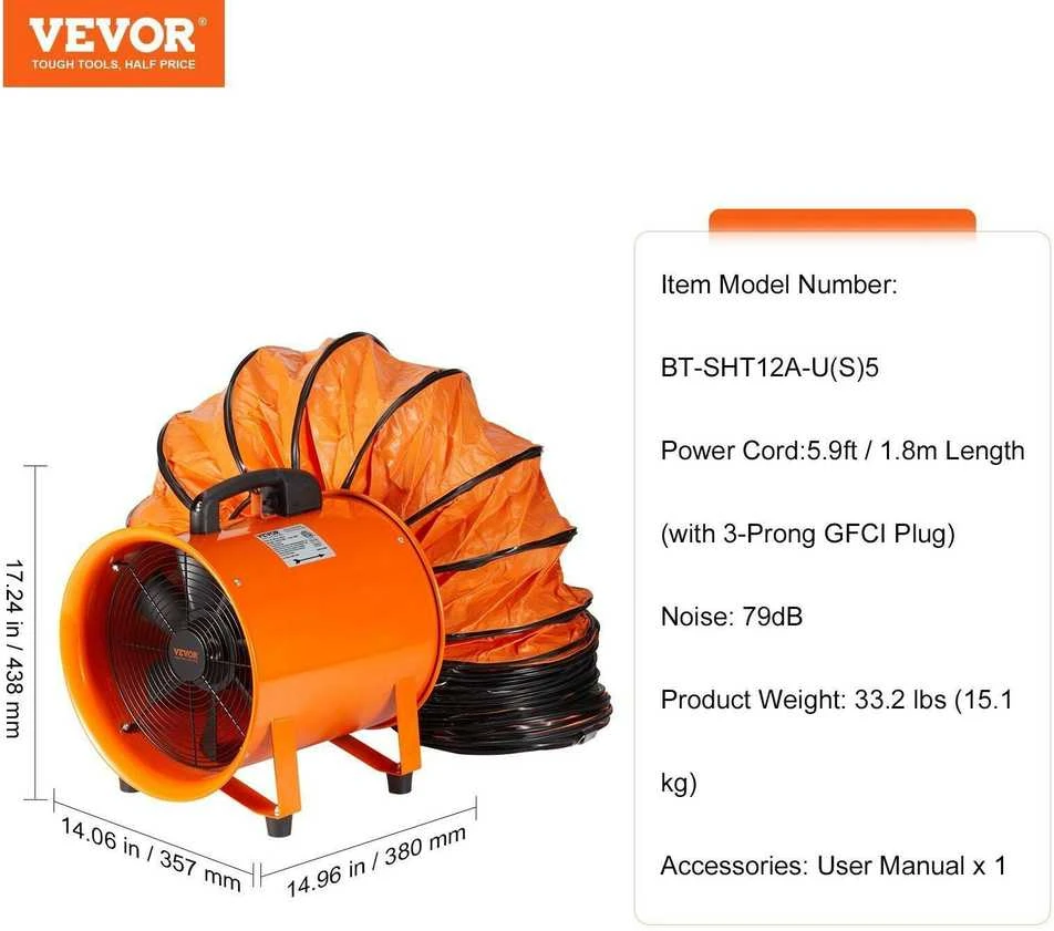 VEVOR Nešiojamas 30 cm ištraukimo ventiliatorius