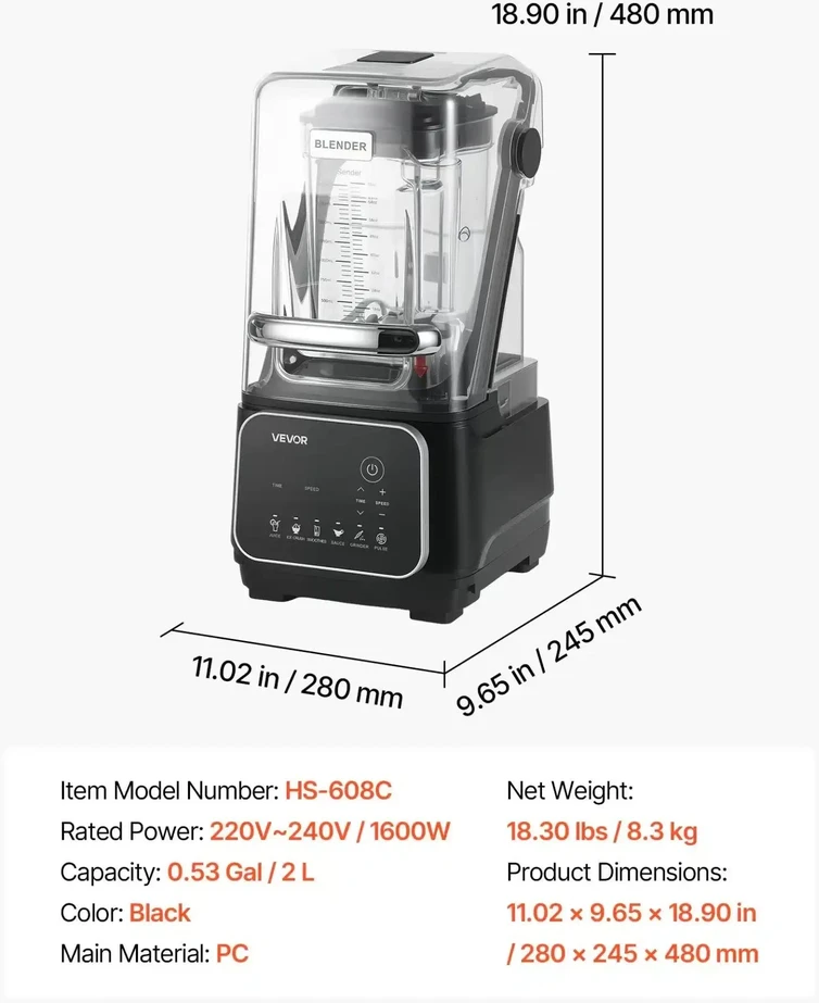 VEVOR Virtuvinis blenderis su ekranu 2L, 2200W, juodas