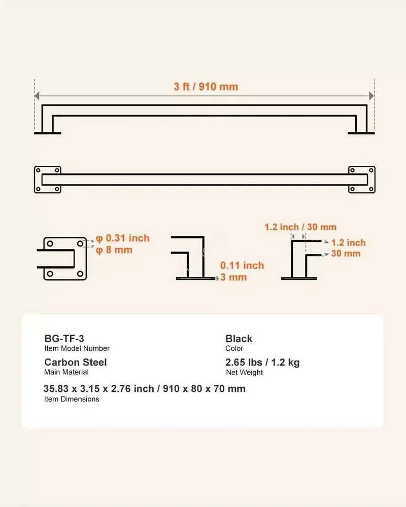 VEVOR Sieninis turėklas juodas, 910 mm