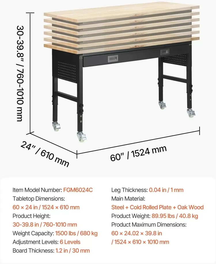 VEVOR Reguliuojamas darbastalis su stalčiumi ir maitinimo lizdu, tvirtas ąžuolo medienos stalviršis garažui ir dirbtuvėms, mobilus darbo stalas su ratukais ir įrankių lenta, 680 kg apkrova