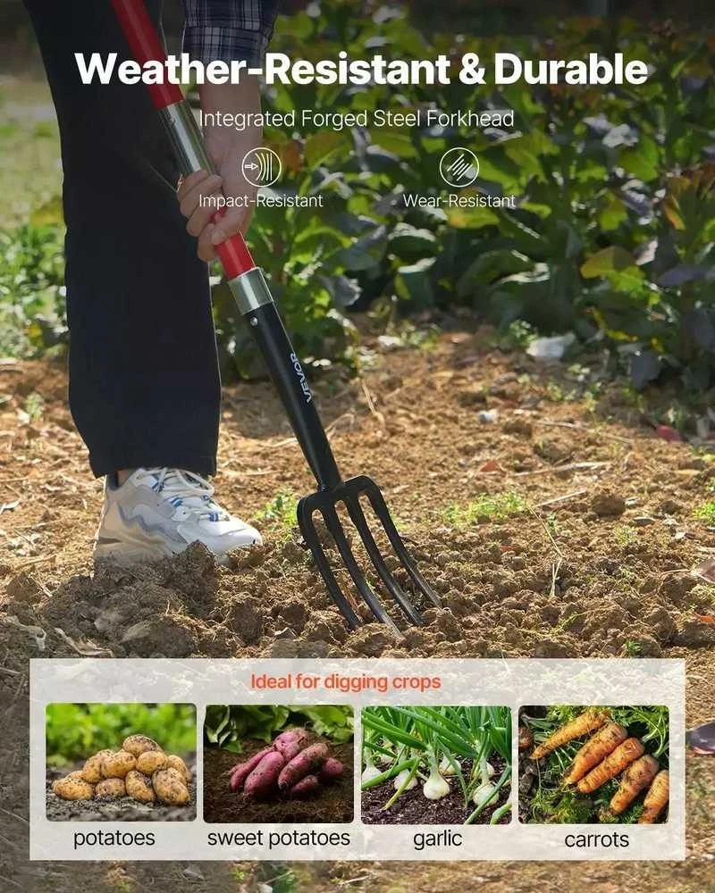 Vevor 4 dantų sodo šakė su stiklo pluošto rankena