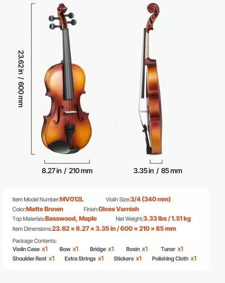 VEVOR 3/4 dydžio smuikas su dėklu ir kolofonu