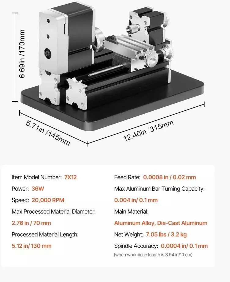 VEVOR Mini metalo tekinimo staklės 70 x 130 mm, 36W