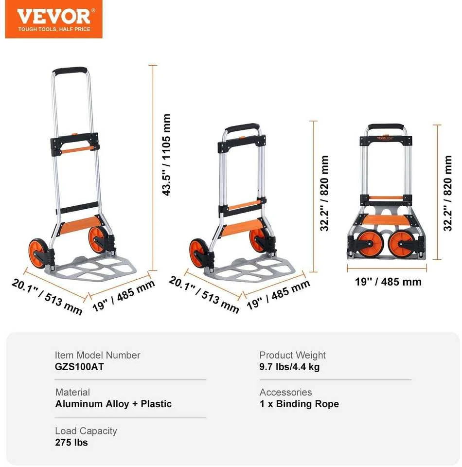 VEVOR Sulankstomas vežimėlis 125 kg apkrovai
