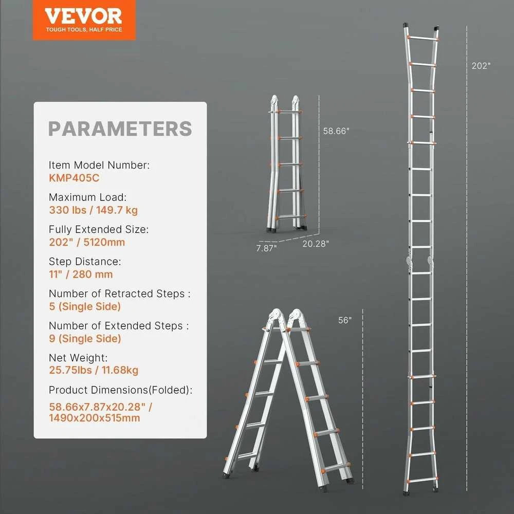 VEVOR Ištraukiamos kopėčios 16.7 FT su rėmu